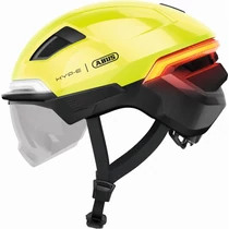 ABUS kerékpáros városi sisak HYP-E BL.ACE, In-Mold, beépített index funkcióval, féklámpával és átlátszó szemüveggel, signal yellow L (57-61 cm)