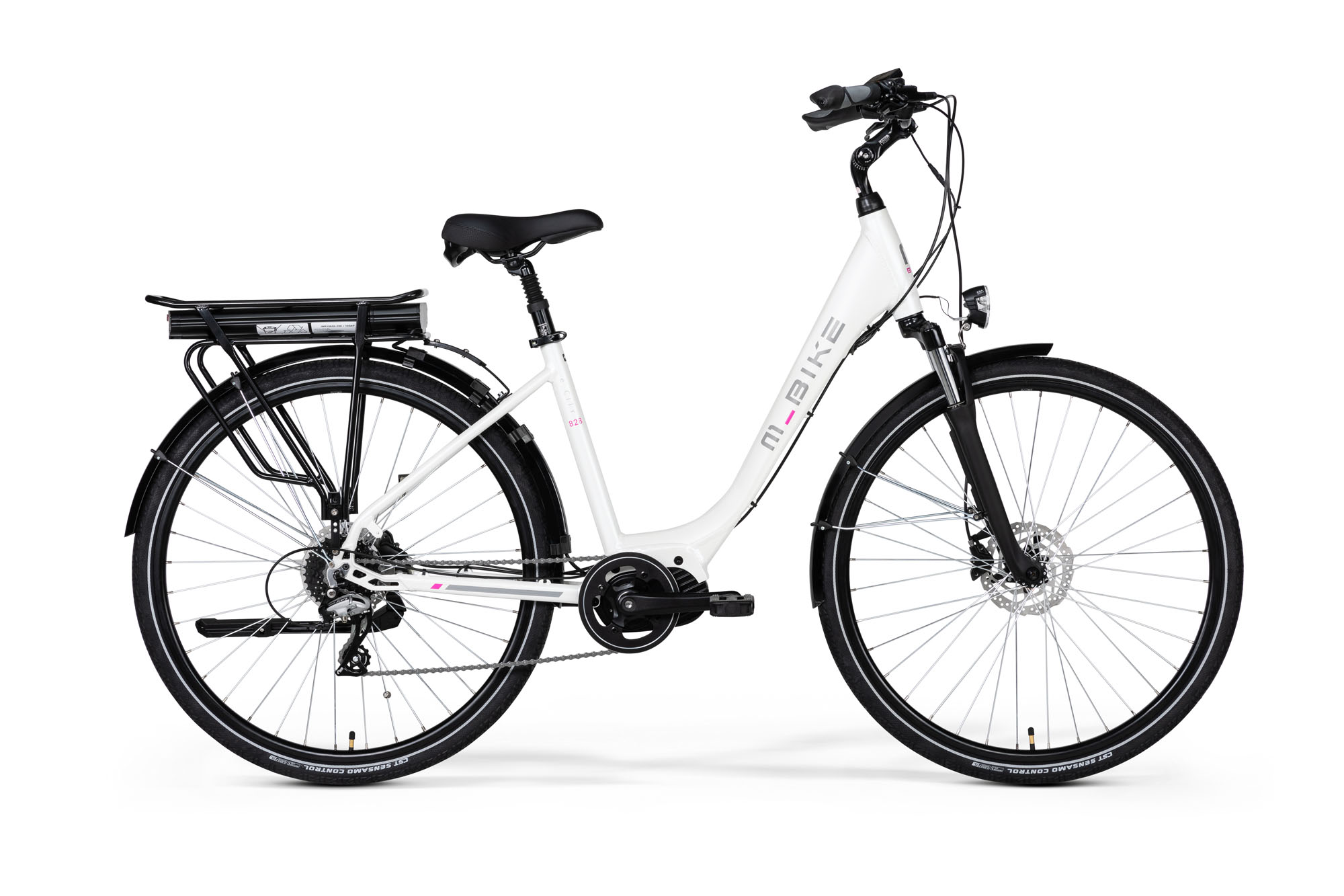 M-BIKE E-CITYLINE 828, elektromos Trekking kerékpár SELYEM FEHÉR 42cm, 28'', BAFANG középmotor, akku csomagtartón